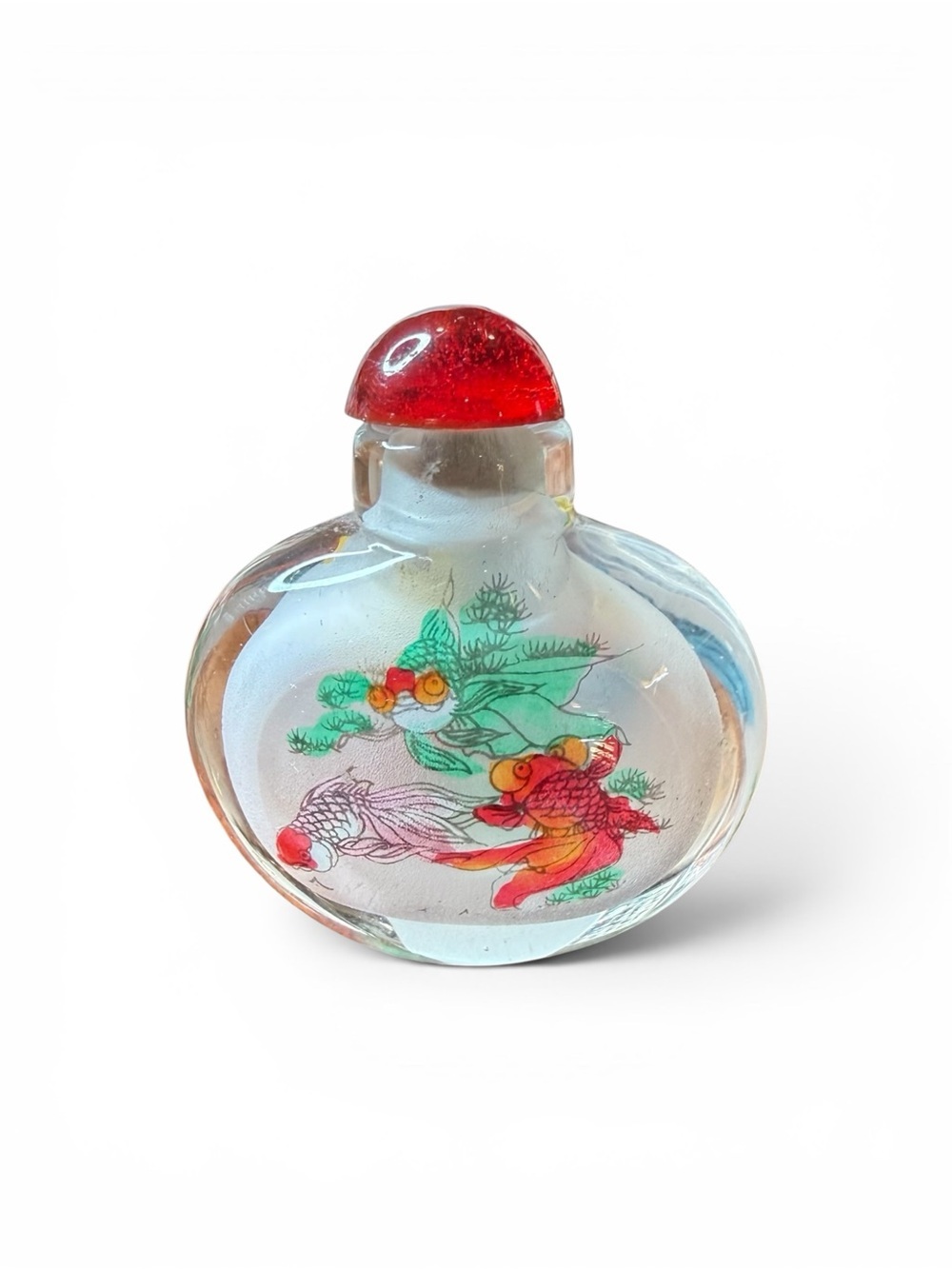 Glass Fish Snuff Bottle with Red Stopper - Decorative Fish Design